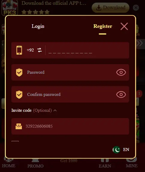 login and register PK3 Game 